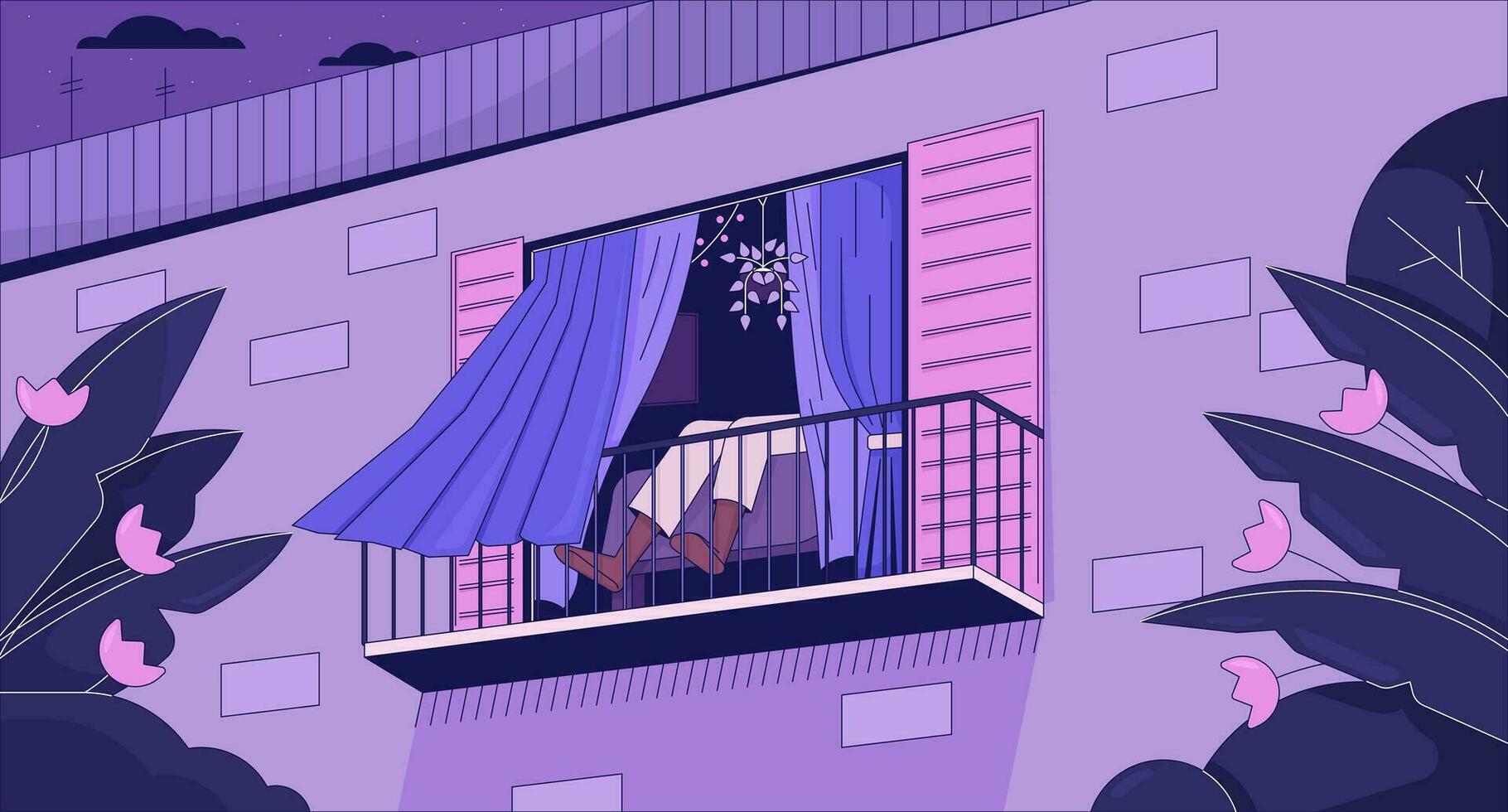1820x980 Relax on balcony lo fi aesthetic wallpaper. Opened window. Curtains blowing in wind 2D vector cartoon interior illustration, purple lofi background. 90s retro album art, chill vibes