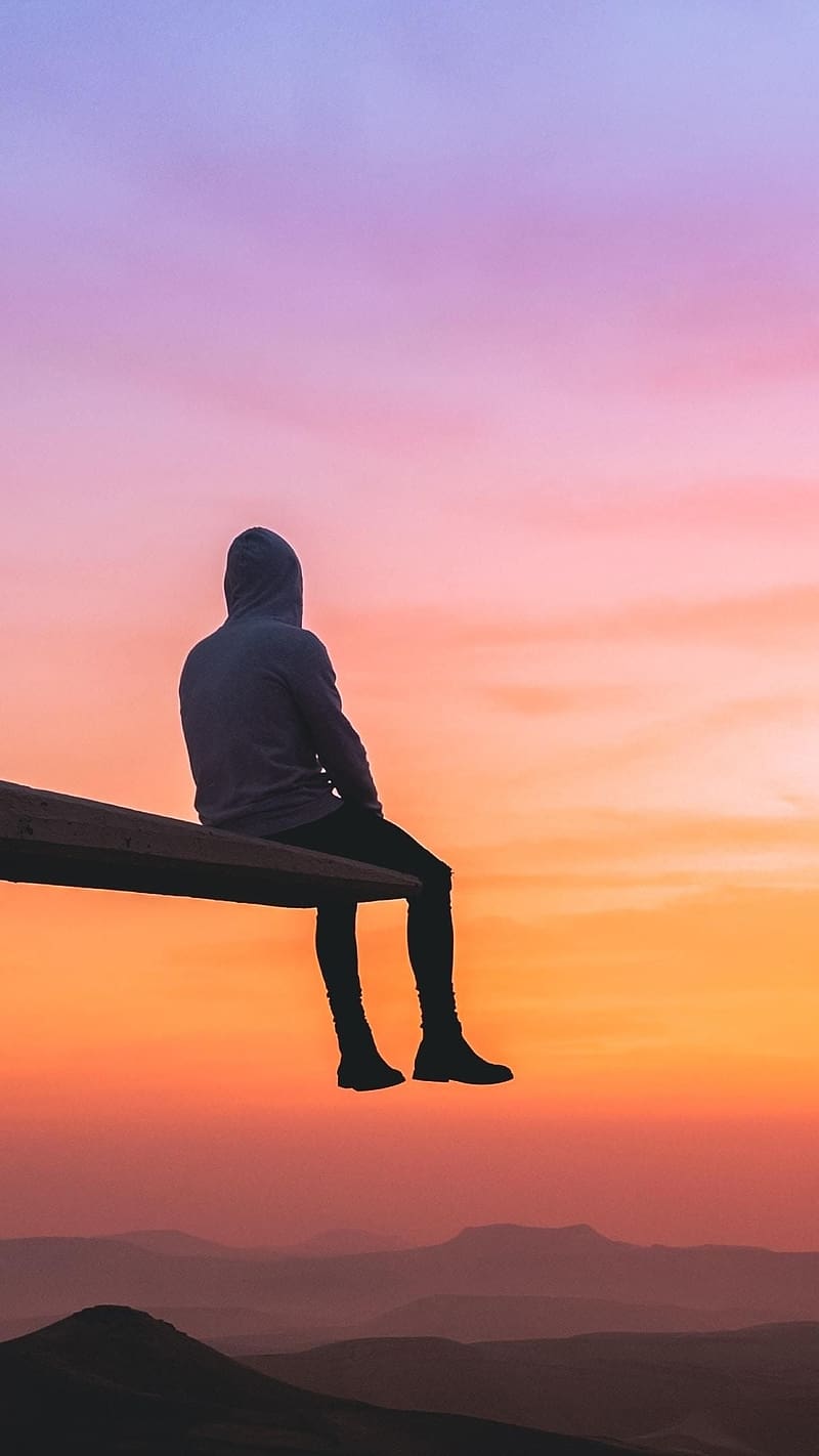 800x1422 Sad Alone Sitting On The Edge Of Mountan, sad alone, mountain, edge, colorful sky, HD phone wallpaper