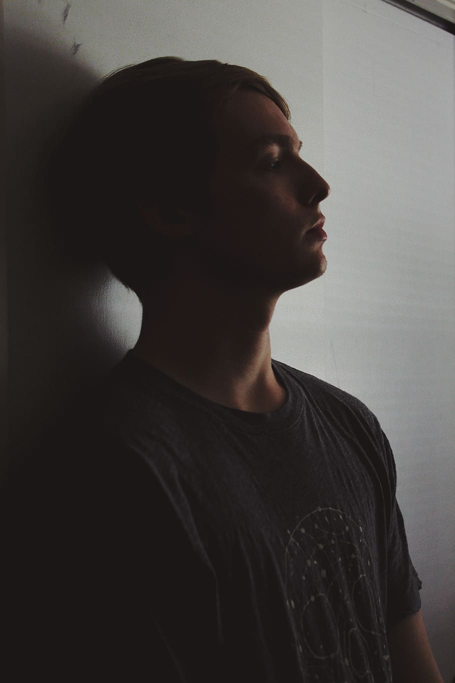 910x1365 HD wallpaper: man leaning in white wall, solemn, pensive, upset, doubt, depressed