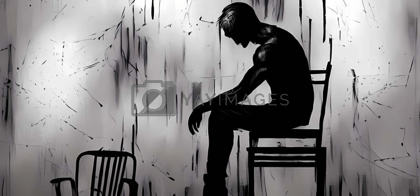 1600x747 Abstract conceptual art silhouette of sad and depressed man sitting in a dark room.Digital art painting for book illustration, background wallpaper, concept art. by yay_lmrb Vectors & Illustrations with Unlimited Downloads