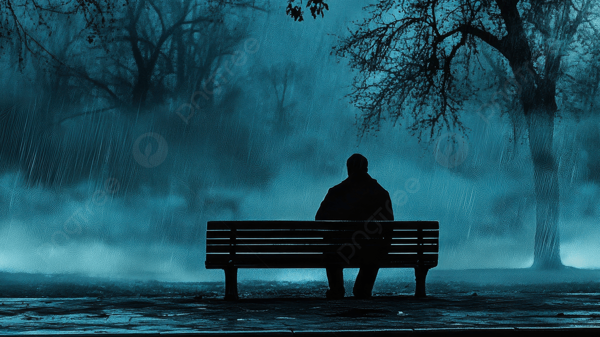1200x675 A Lonely Man Sitting On Park Bench In The Rain Looking Sad And Depressed With Dark Atmosphere Street Lamp Trees Around Him Color Scheme Is Blue Creating Mood Vibe Photo And Picture