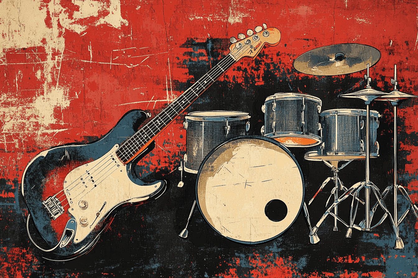 1344x896 Music Mural Wallpaper. Vintage Rock Band Instruments