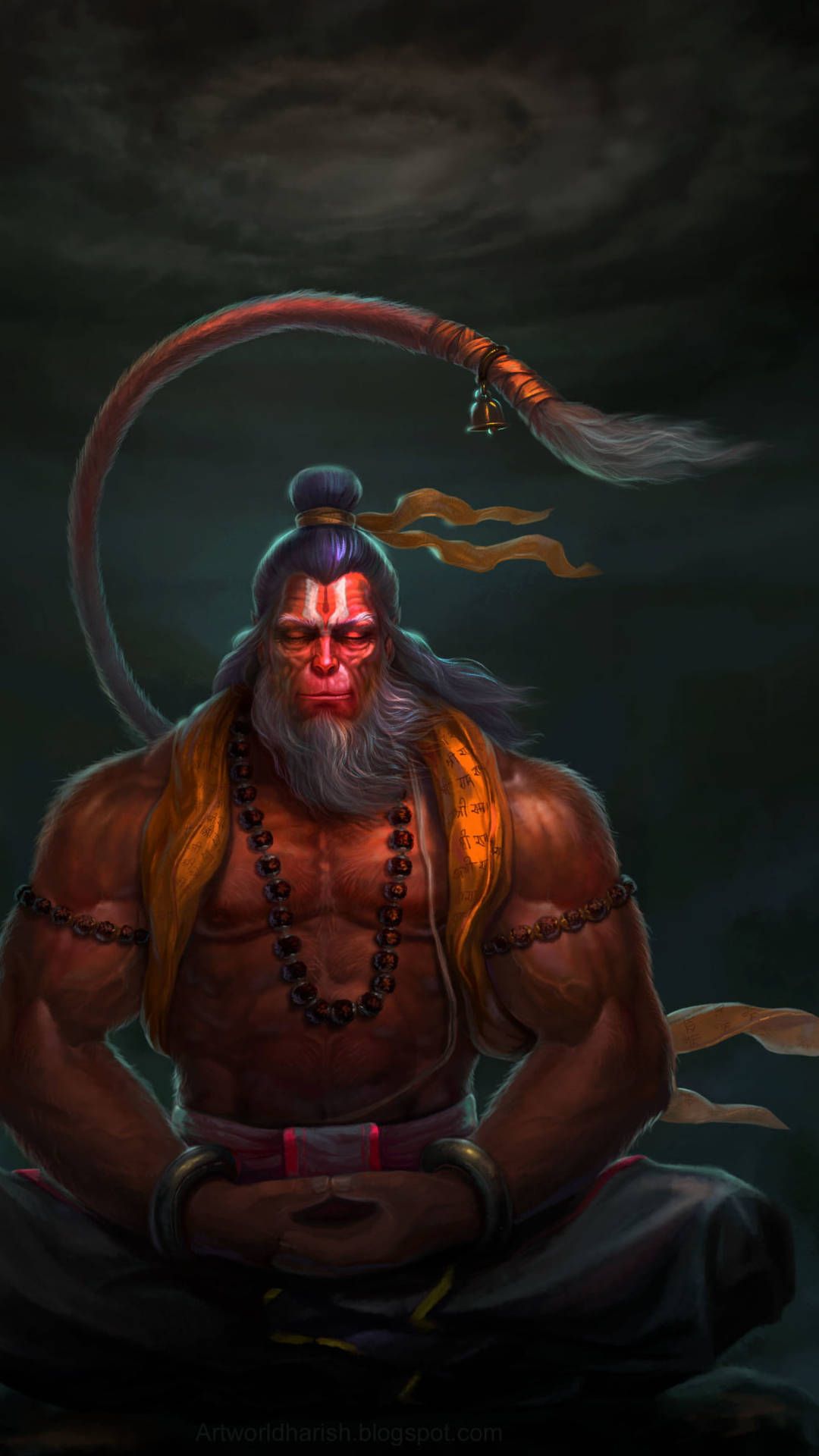 1080x1920 Meditating Hindu God Hanuman Illustration Wallpaper