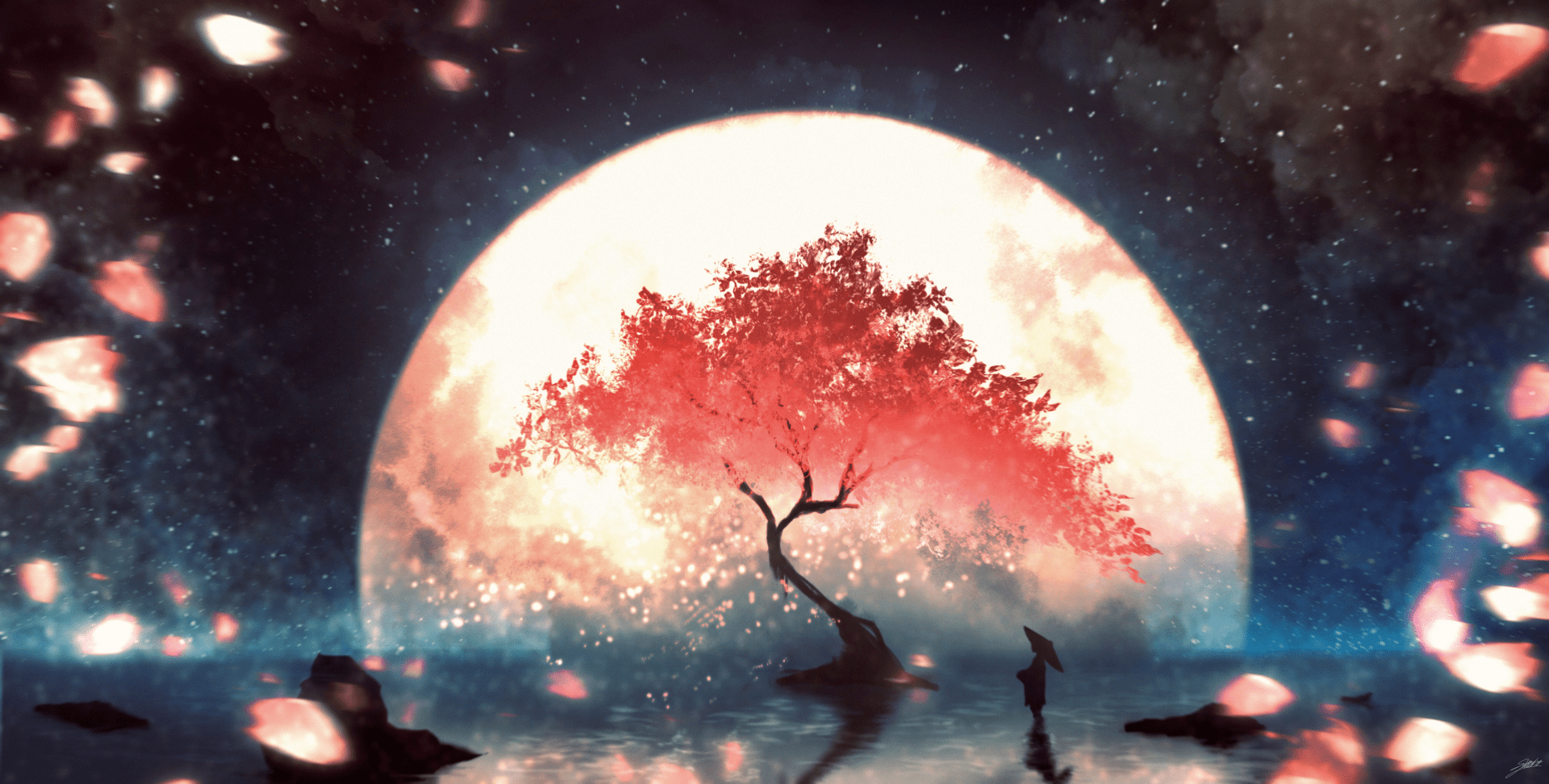 1920x972 Moonlit Sakura Night Wallpaper by 犀将(Saisho)x2040