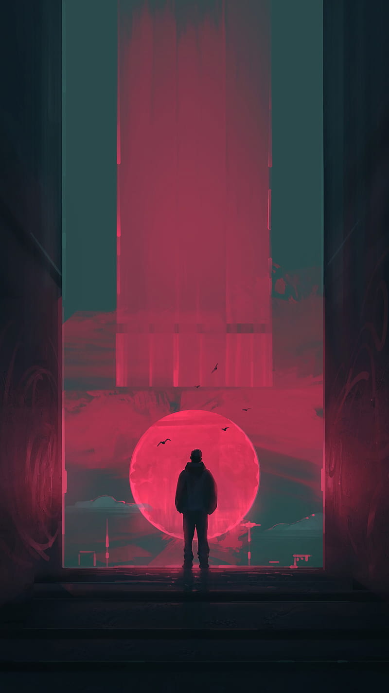 800x1422 Red Moon, alone, art, dark, HD phone wallpaper