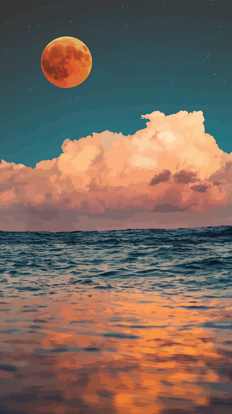 800x1422 Red moon and ocean, aesthetic, anime, cartoon, clouds, mood, night, redmoon, HD phone wallpaper