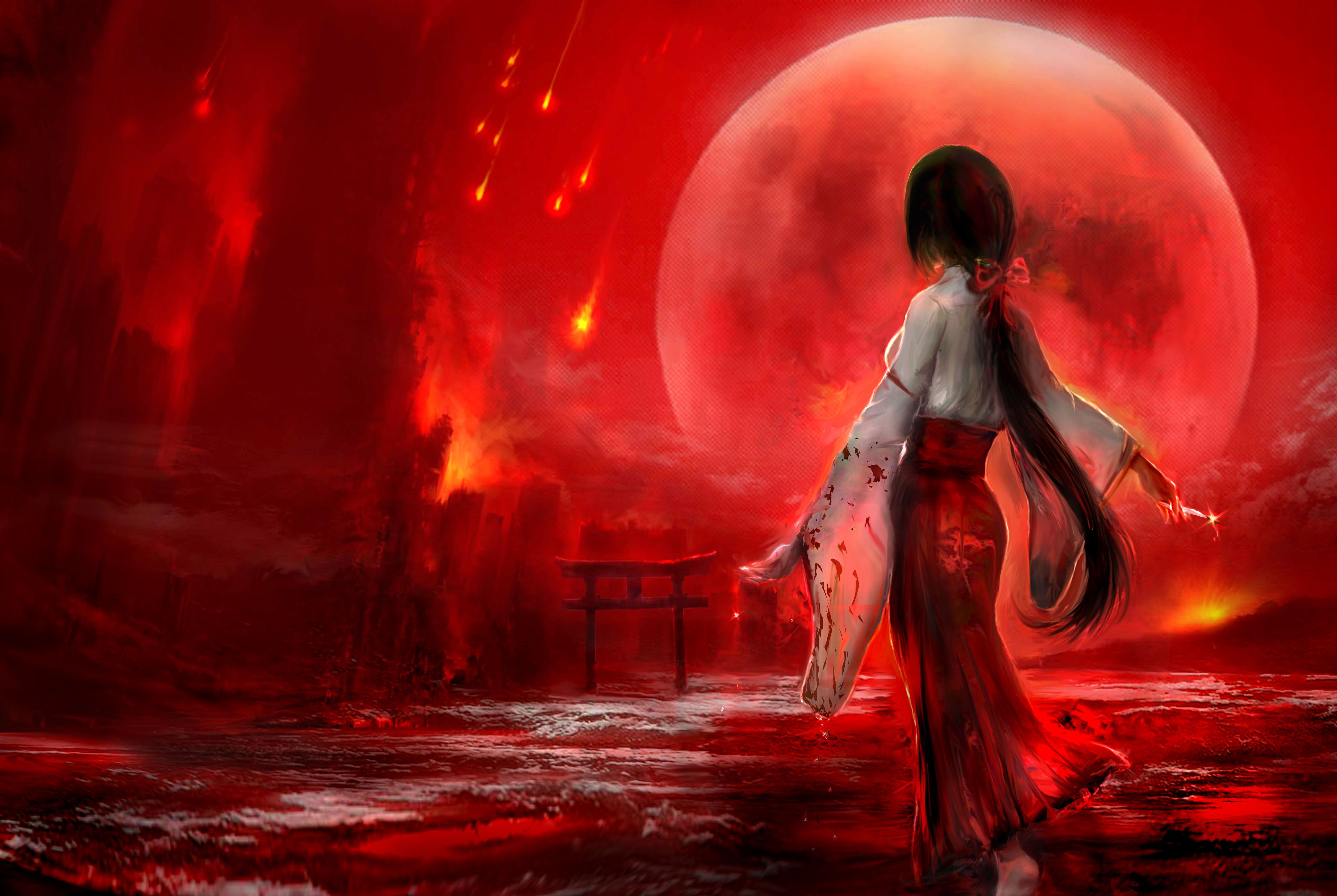 5339x3579 Wallpaper the sky, girl, the moon, blood, torii, fire rain for mobile and desktop, section арт, resolution 5339x3579