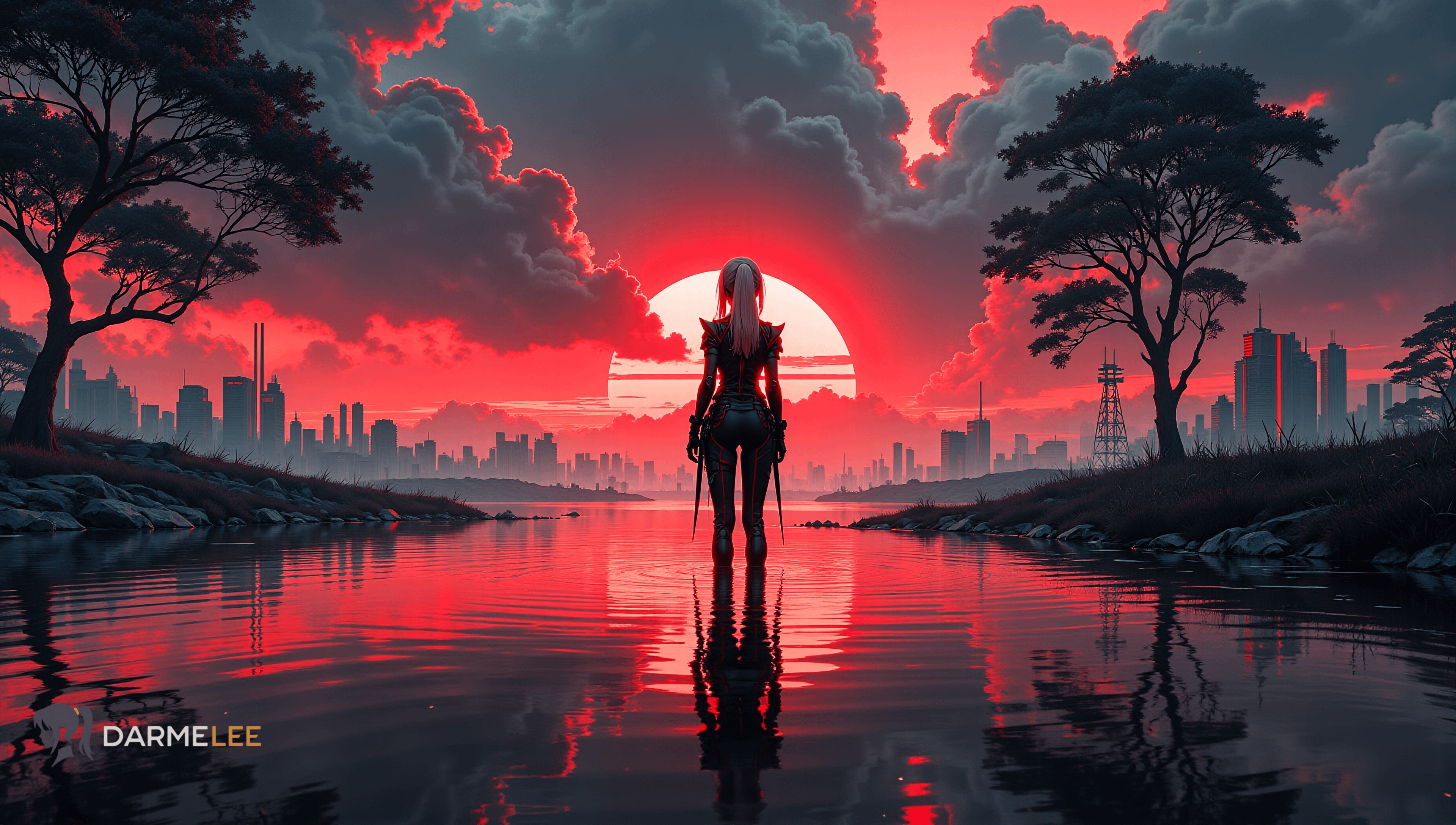 3840x2176 Red Moon Anime Girl