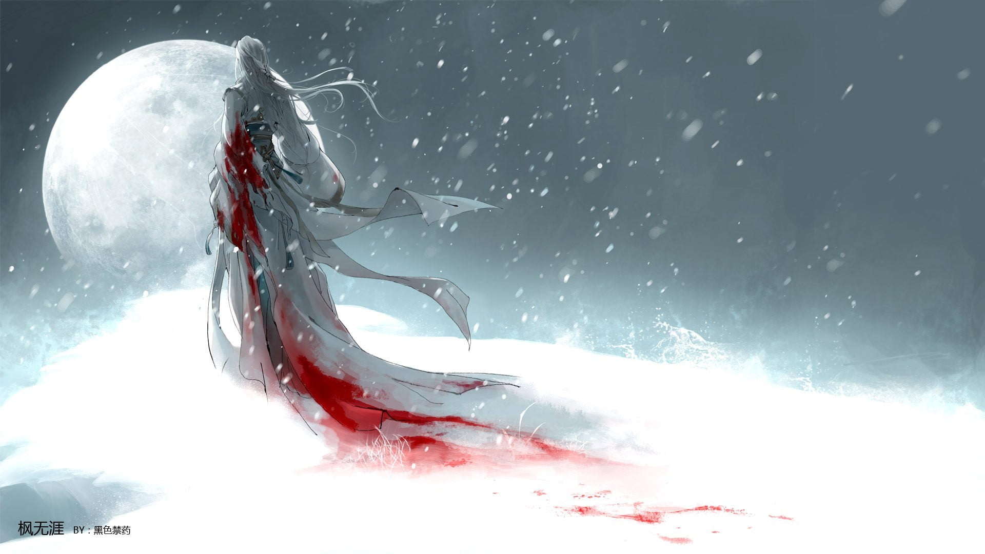 1920x1080 Person wearing white and red dress illustration, snow, blood, Moon, fantasy art HD wallpaper