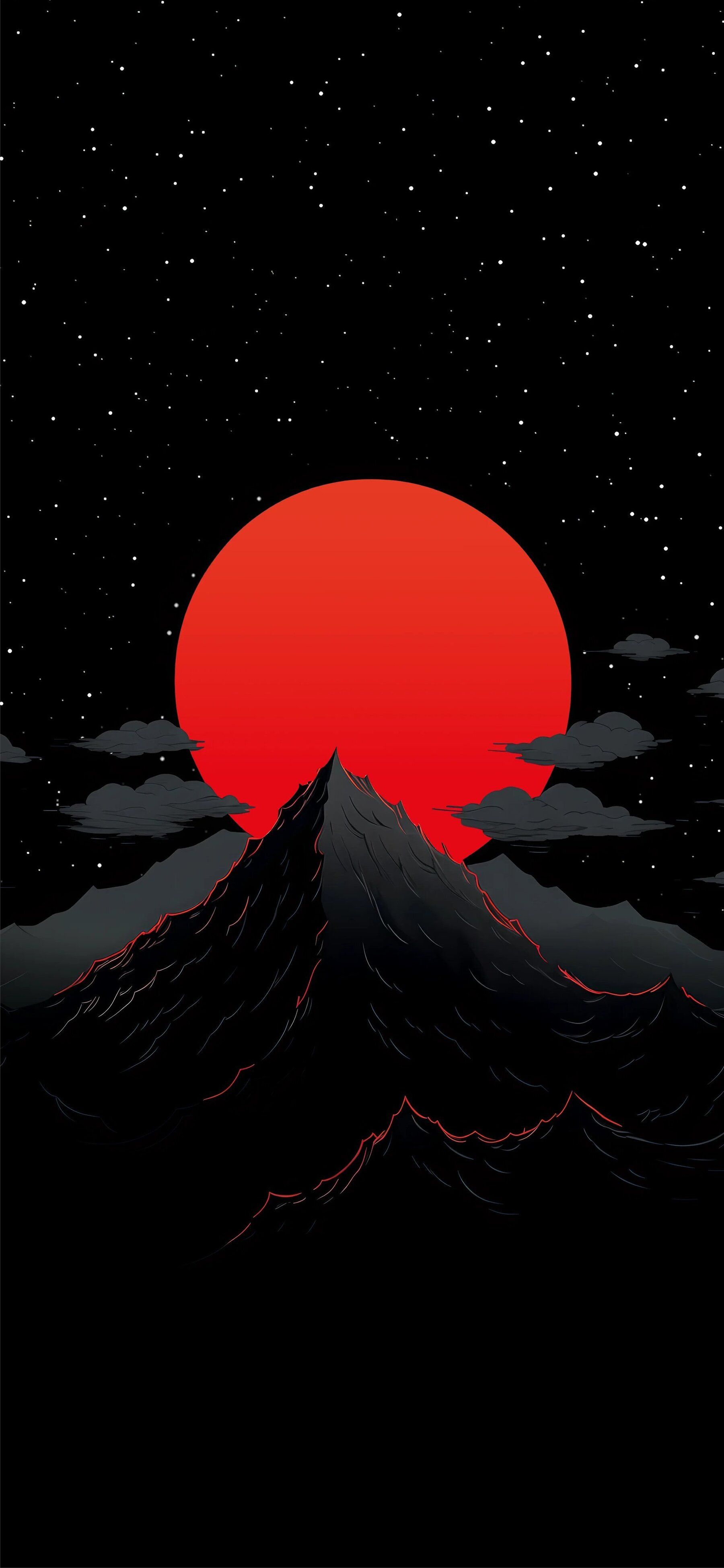 1800x3899 Red Moon Behind Mountain Illustration With Stars Anime Simple Minimalistic