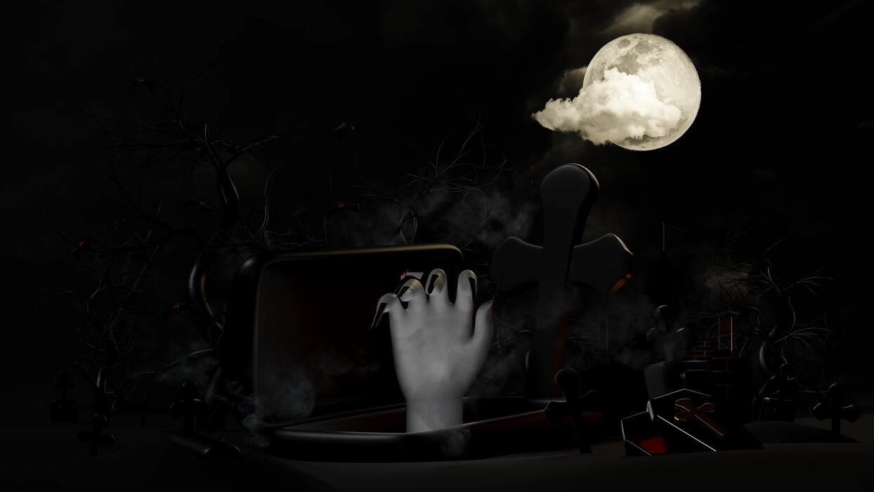 1244x700 3D animation graveyard halloween holiday party with hand of a undead, haunted castle, full moon, flying bats, tomb, graves, fog, under the moonlight for happy halloween, horror on halloween, 3D render