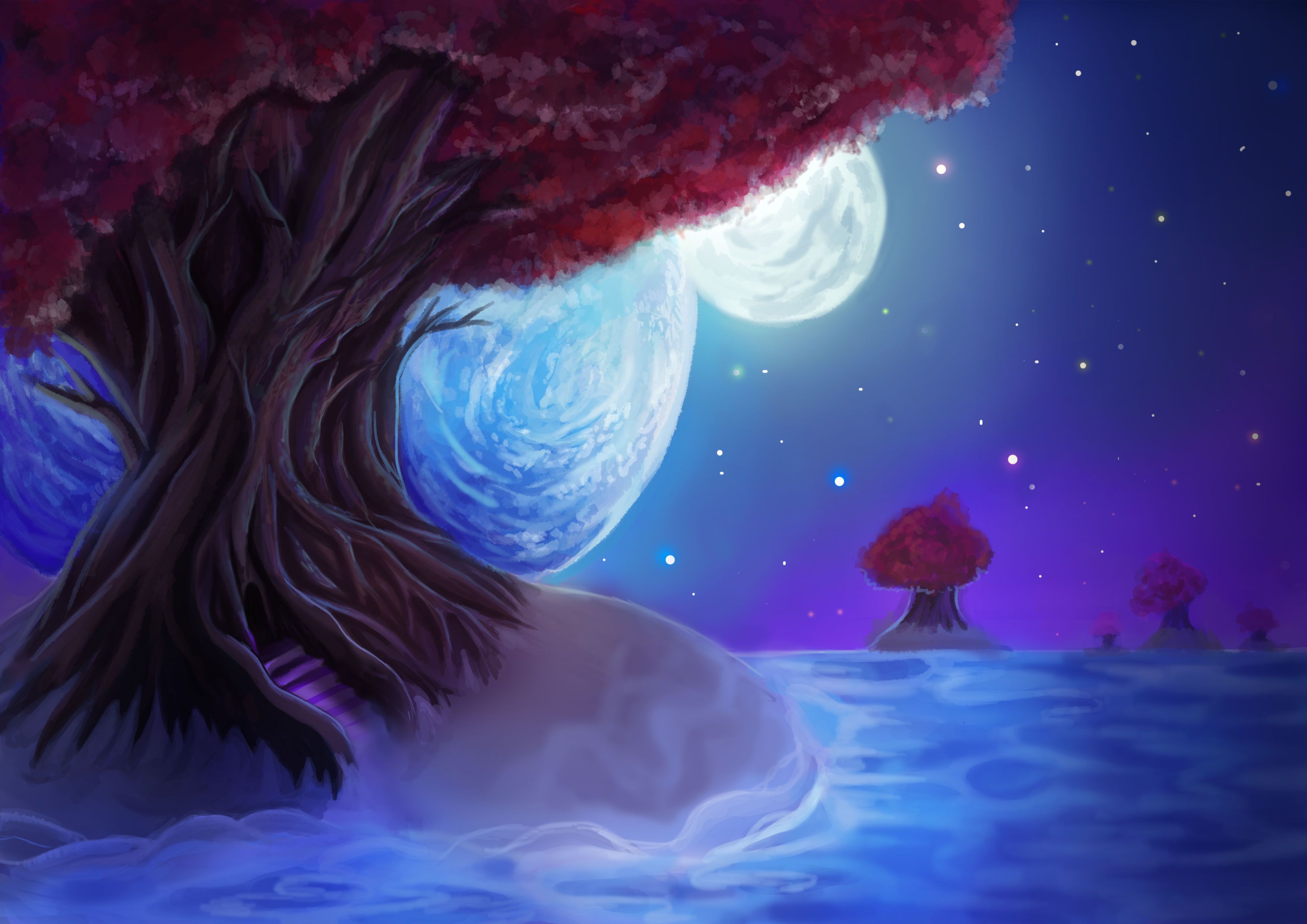 3508x2480 Wallpaper the sky, leaves, stars, trees, landscape, night, the moon, planet for mobile and desktop, section живопись, resolution 3508x2480