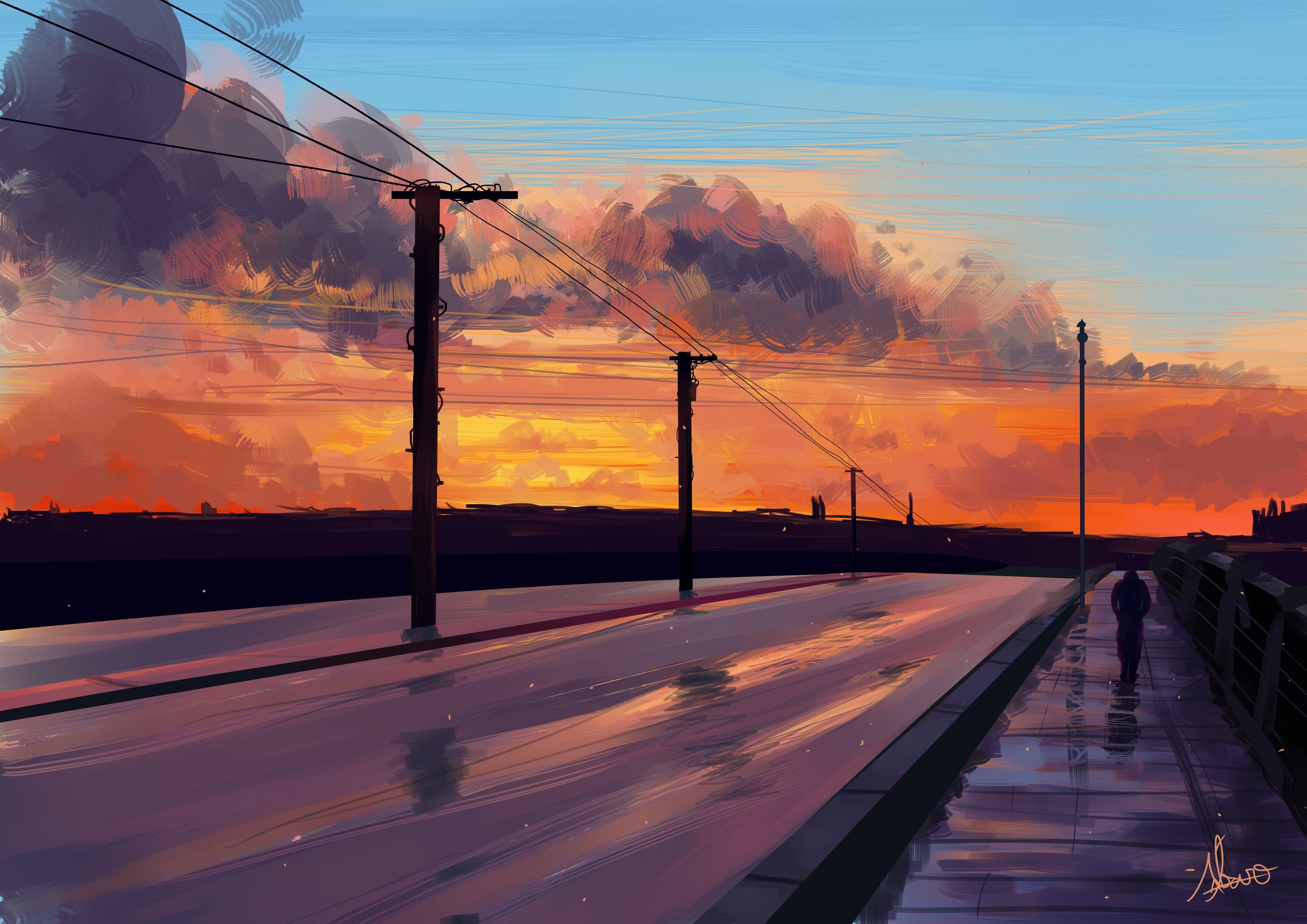 3508x2480 Wallpaper road, sky, sunset, art, figure, clouds, artist, digital art for mobile and desktop, section арт, resolution 3508x2480