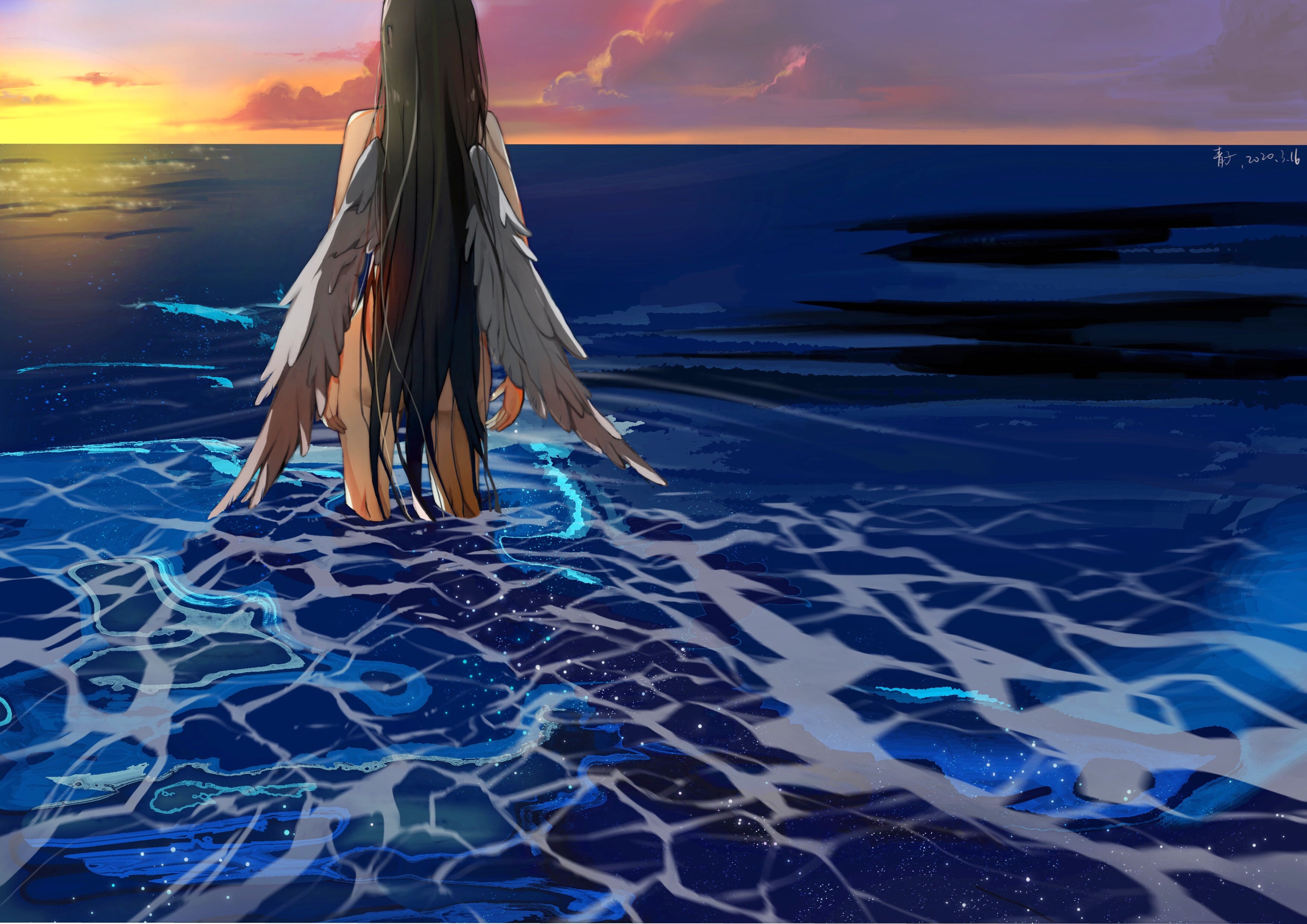 3508x2480 Wallpaper sea, girl, sunset, angel for mobile and desktop, section арт, resolution 3508x2480