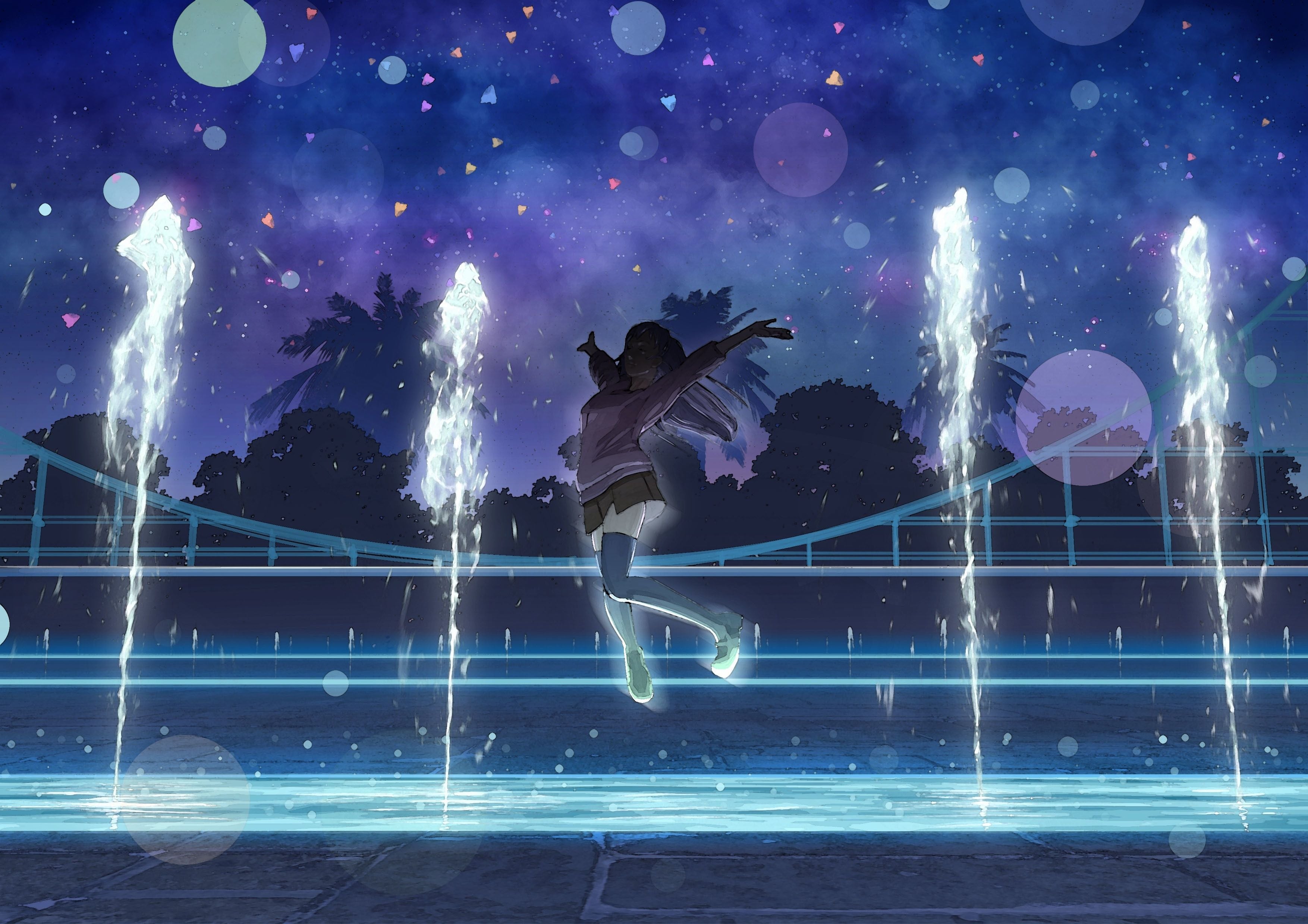 3508x2480 Wallpaper the sky, girl, stars, clouds, night, anime, art, fountain for mobile and desktop, section аниме, resolution 3508x2480