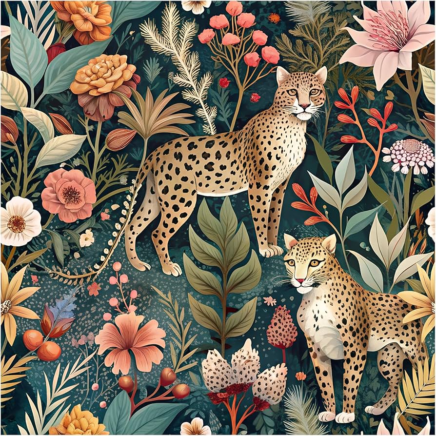 894x894 HAOKHOME Forest Peel And Stick Wallpaper Floral Jungle Leopard Animal Forest Removable Stick On Contact Paper For Home Decor Green Brown Pink 17.3in X 9.8ft