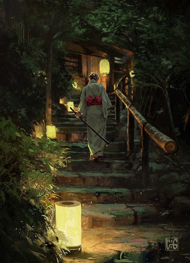 800x1108 Environment, katana, Japanese, cabin, trees, lamp, kimono, HD phone wallpaper