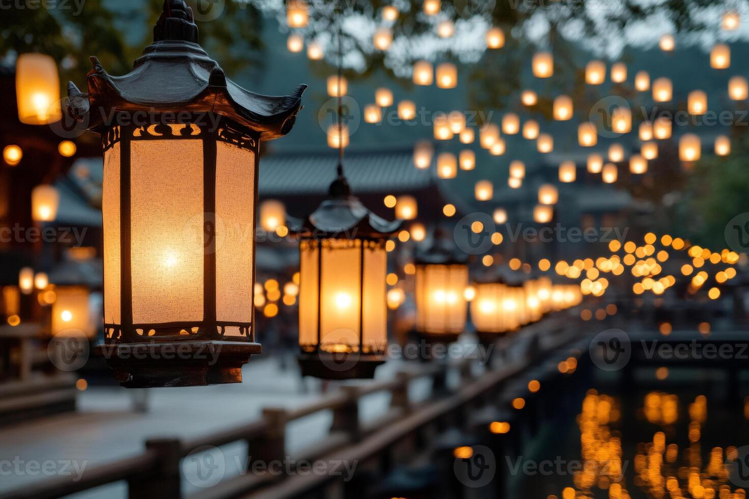 1470x980 Traditional japanese lamps illuminating a bridge at dusk