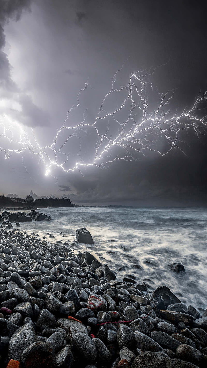 800x1422 Storm, nature, ocean, stones, thunder, waves, HD phone wallpaper