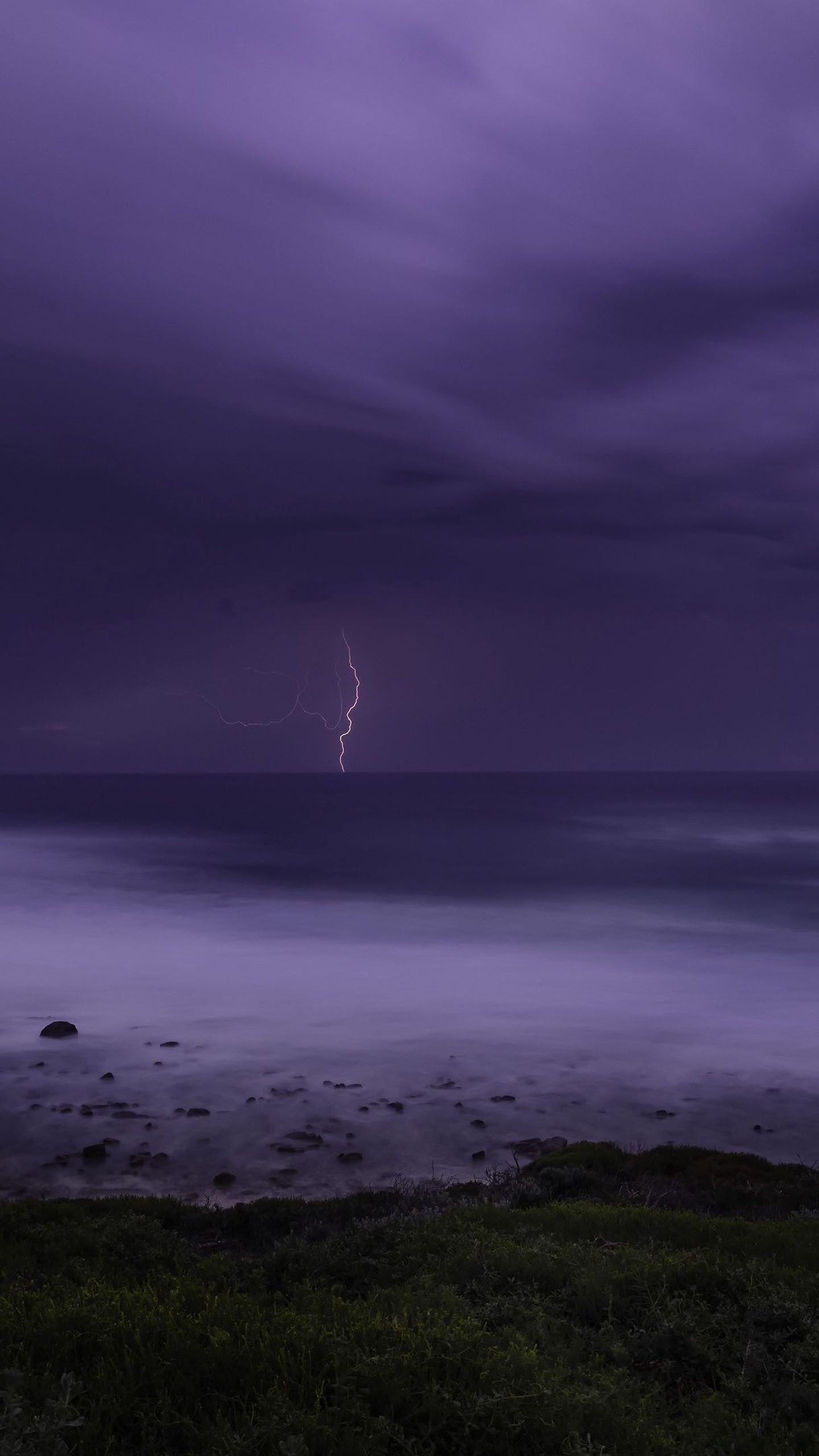 1440x2560 Coast Ocean Thunderstorm Under Purple White Clouds Sky 4K HD Nature Wallpaper