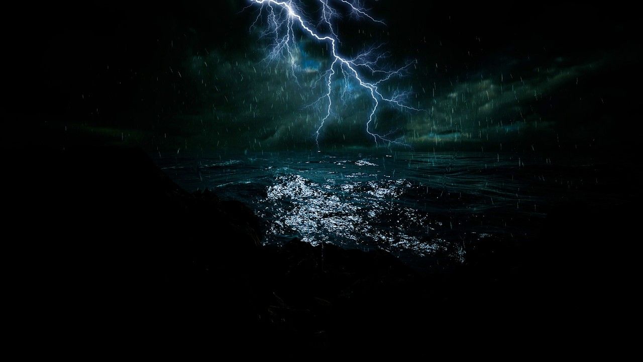 1280x720 Midnight Ocean Rainstorm and Nonstop Thunder Sounds. Coastal Storm Ambiance