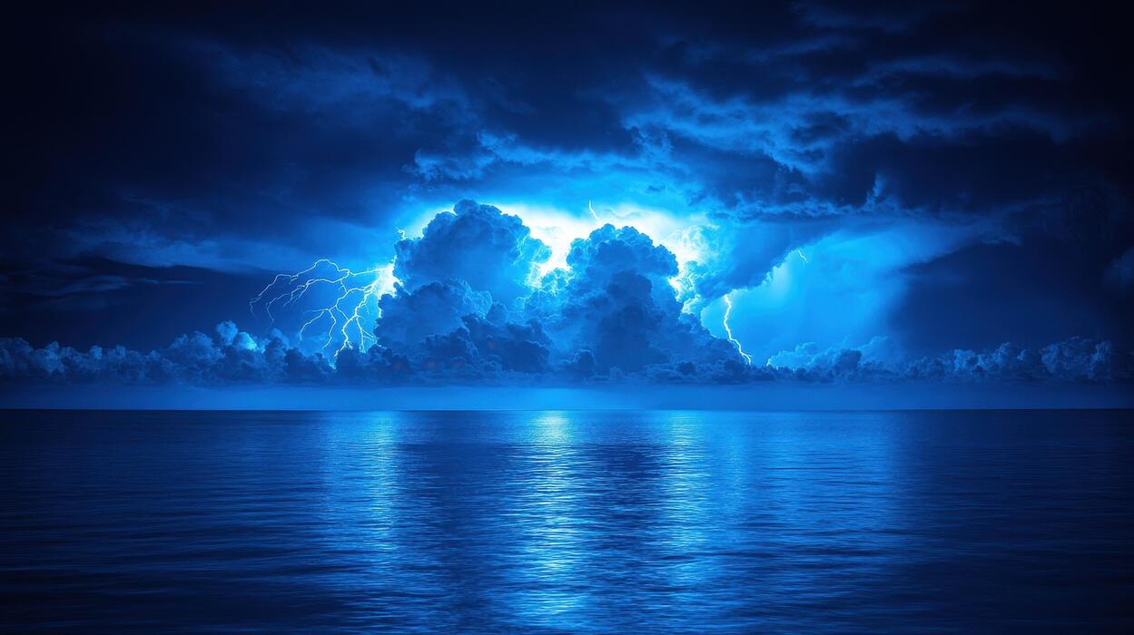1249x700 Ocean storm, lightning striking, dark clouds, night, dramatic weather, background image