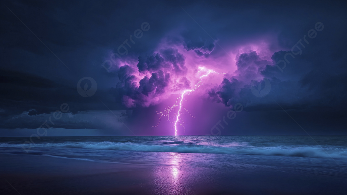 1200x673 Lightning Storm Over The Ocean With Purple Lightning Striking In Multiple Places Photo And Picture For Free Download