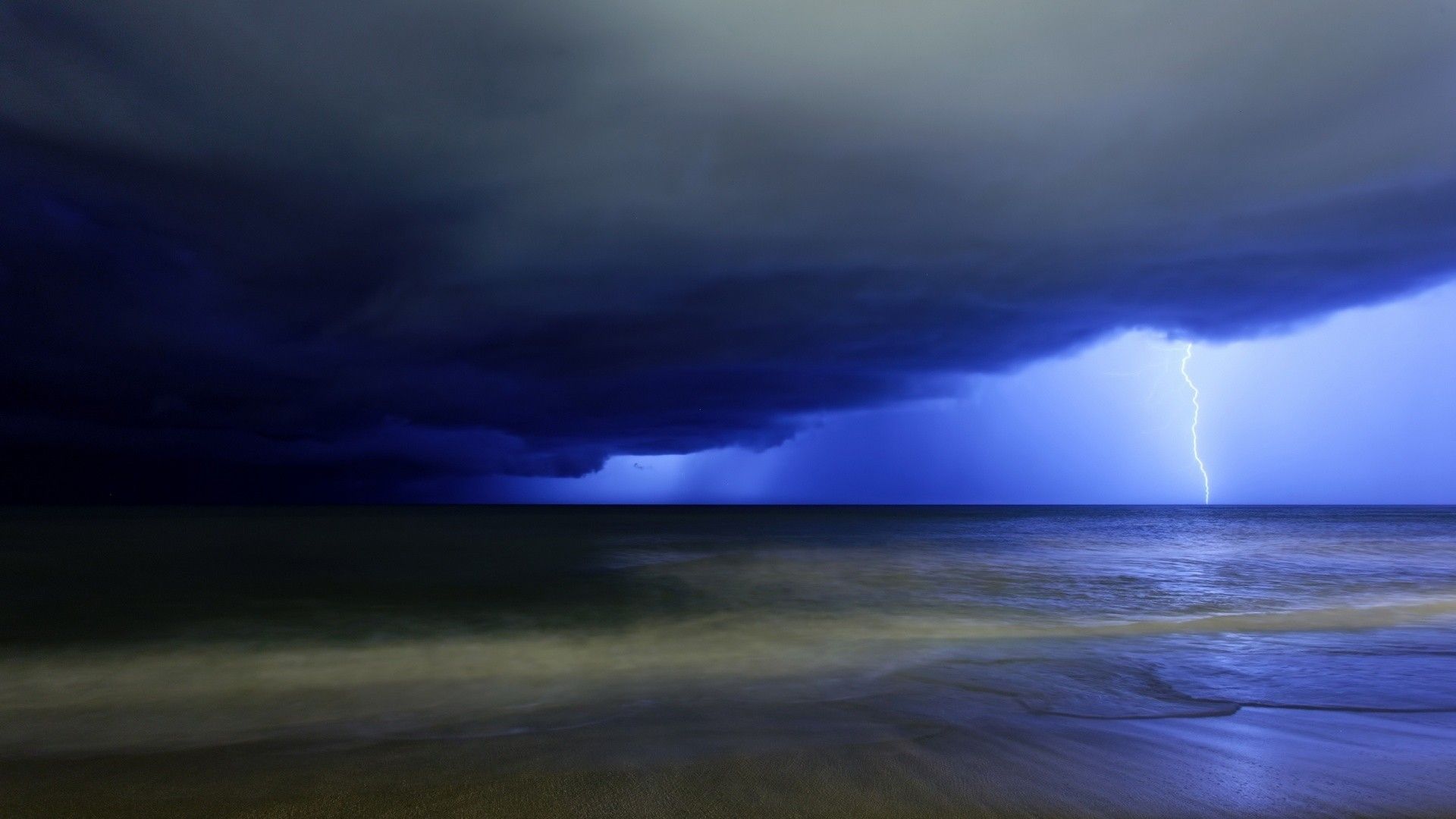 1920x1080 Wallpaper waves, storm, beach, rain, sky, sea, landscape, Lightning for mobile and desktop, section природа, resolution 1920x1080