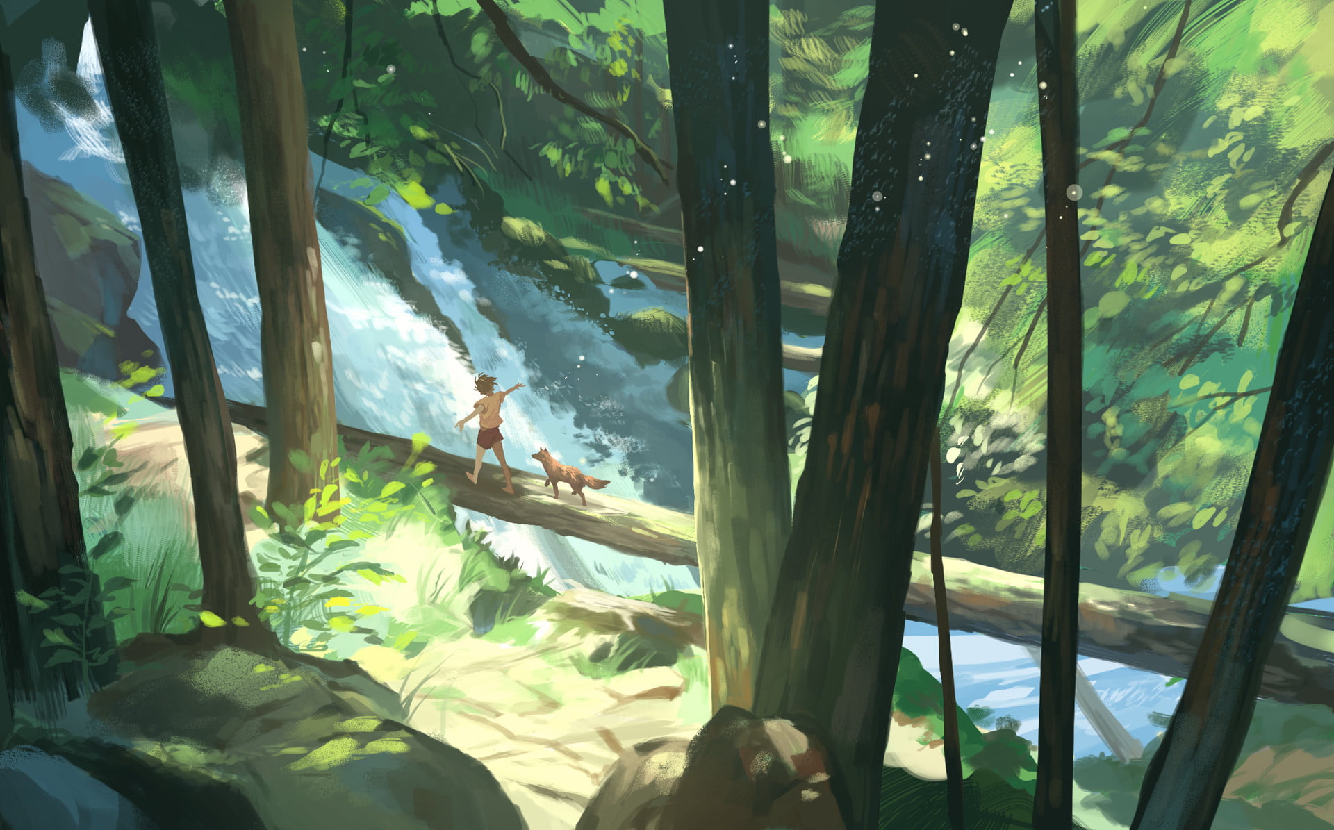 1920x1195 Painting of boy in forest, digital art, forest, fox, rock HD wallpaper