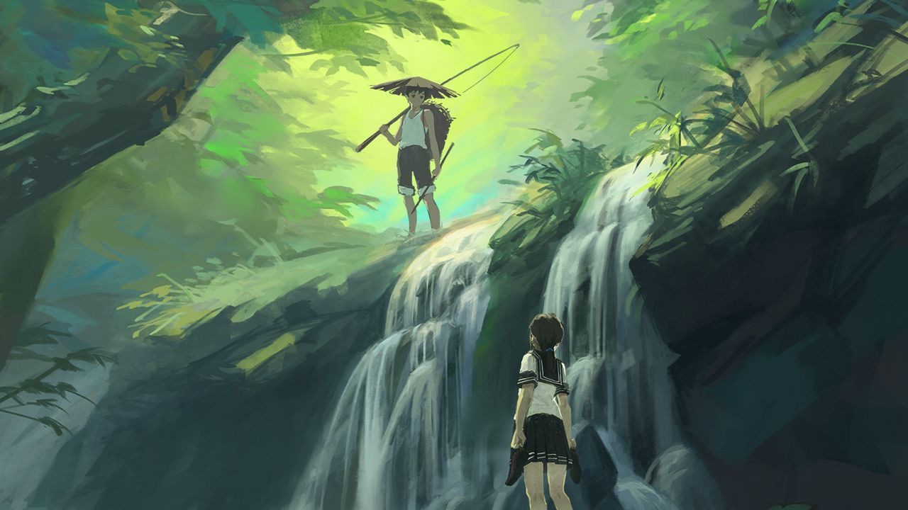 1280x720 Wallpaper boy, girl, waterfall, art, forest, jungle hd, picture, image