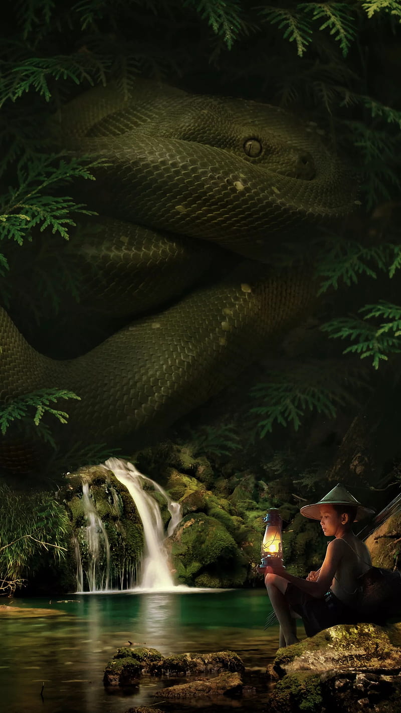 800x1422 Huge snake, animal, boy, fantasy, forest, water, waterfall, HD phone wallpaper