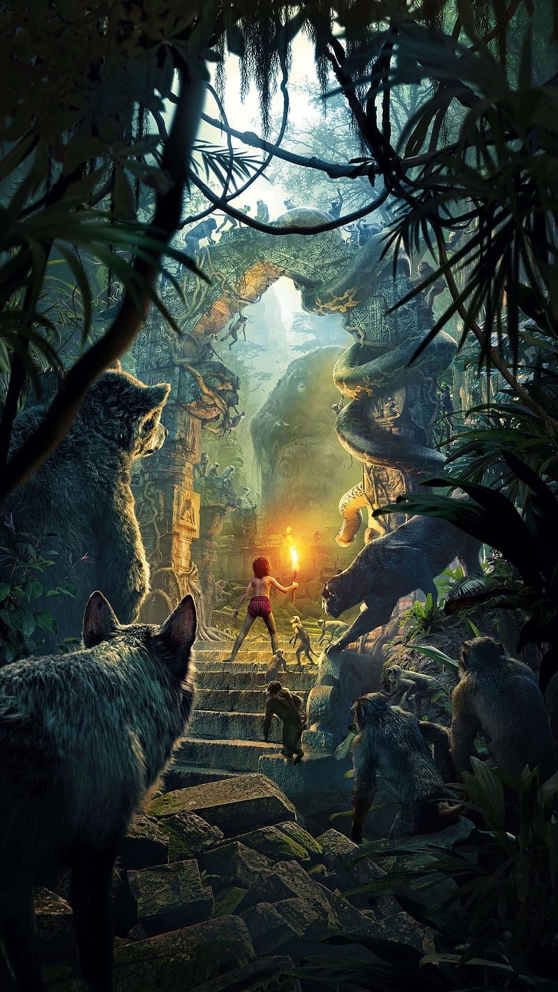 800x1422 Jungle Book, animals, art, disney, fantasy, fire, green, HD phone wallpaper