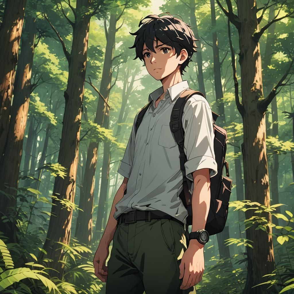 1024x1024 Anime Boy In Forest, Cel Shaded Style