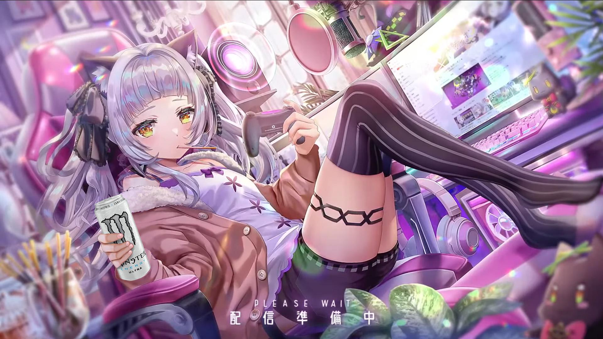 1919x1080 Day 9 of photohopping Hololive idols holding white Monster energy drinks : Murasaki Shion