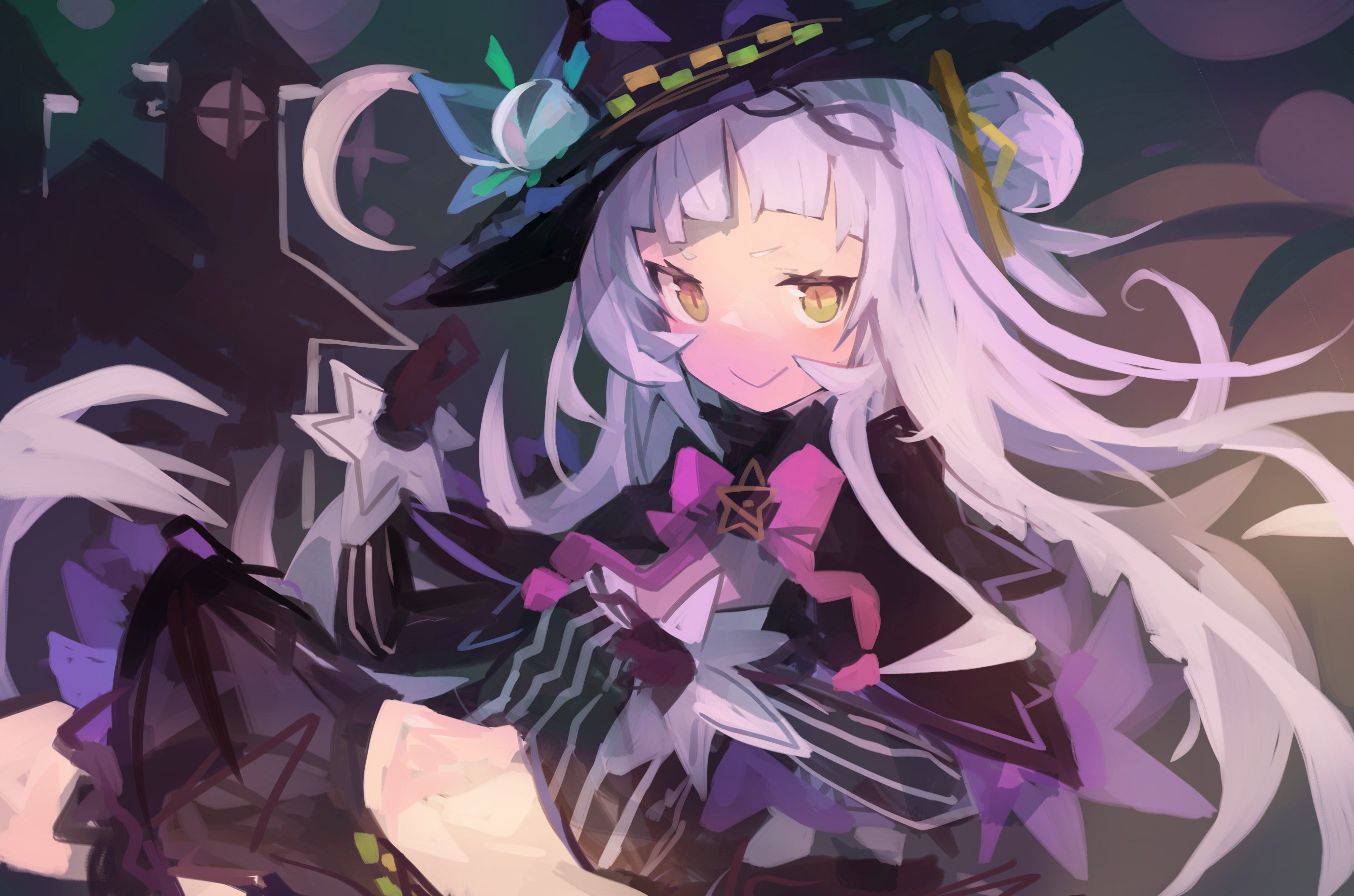 4096x2712 white hair, pale, smiling, anime, anime girls, purple background, Murasaki Shion, Hololive, yellow eyesx2712 Wallpaper