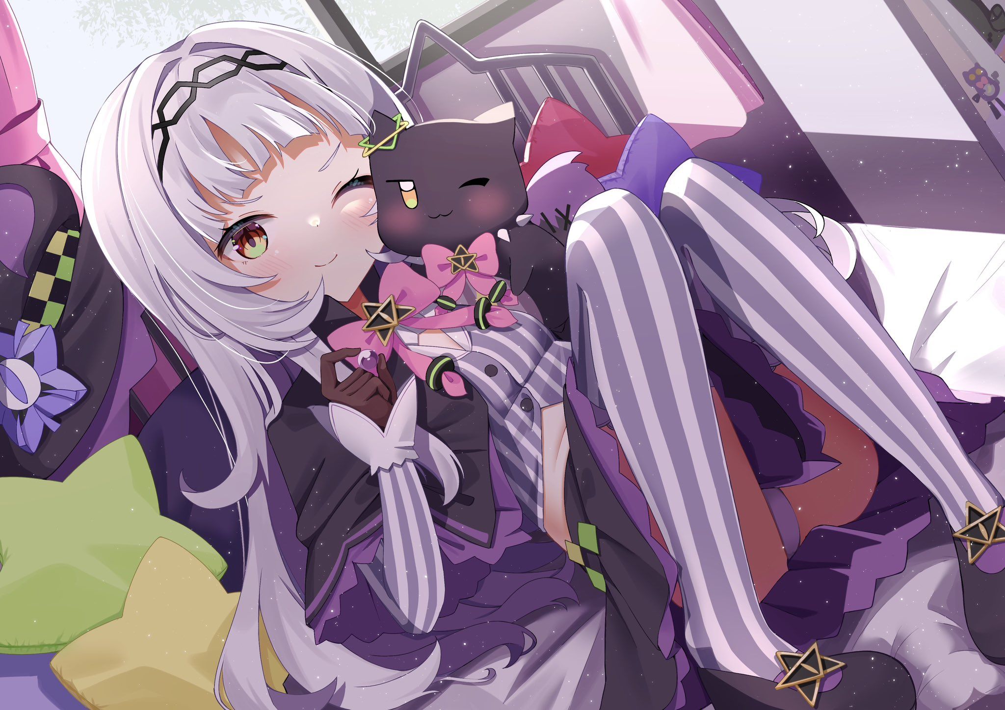 2048x1448 Long Hair, White Hair, One Eye Closed, Smiling, Looking At Viewer, In Bed, Multi Colored Eyes, Panties, Virtual Youtuber, Murasaki Shion, Hololive, Anime Girls, Upskirt, Wink, Fan Art, Blushing, Bed, Sunlight, Loli