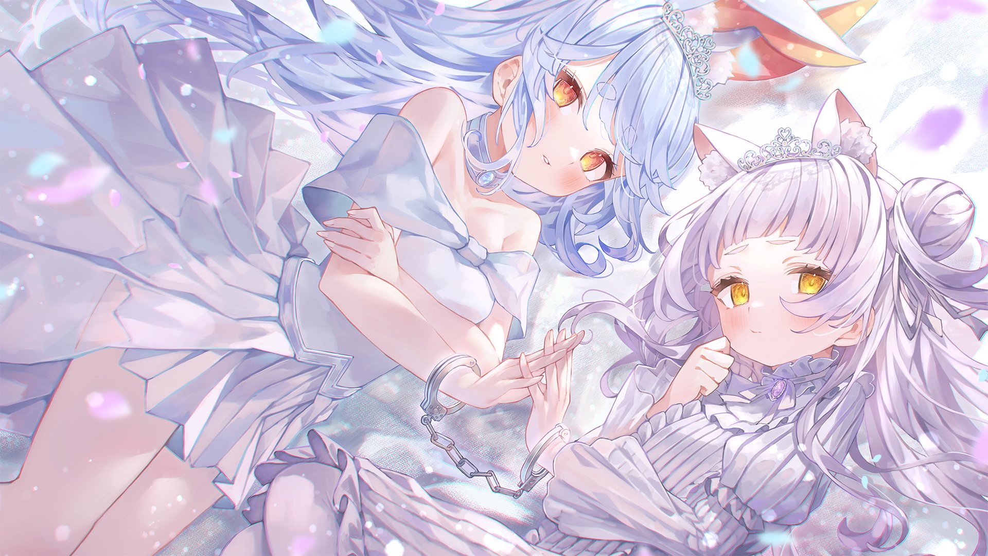 1920x1080 Eli Rin, Usada Pekora, anime, anime girls, artwork, Hololive, Virtual Youtuber, Murasaki Shion, animal ears, dress, handcuffsx1080 Wallpaper