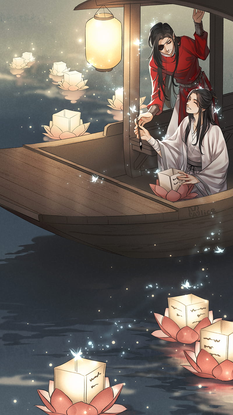 800x1422 Xie lian, hua cheng, tian guan ci fu, boat, lanterns, chinese outfit, Anime, HD phone wallpaper