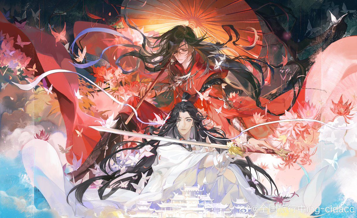 1200x733 After reading the artist's thoughts on this piece, it truly is beautiful. Hua Cheng shields Xie Lian with his umbrella while his hand stops Xie Lian's sword from hurting himself is a