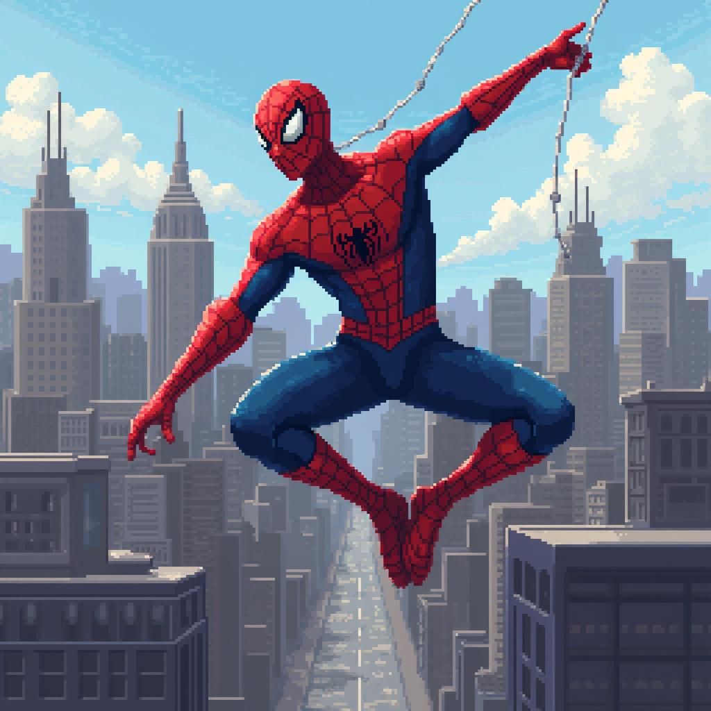 1024x1024 8 Bit Pixel Art Spiderman Swinging Through Cityscape
