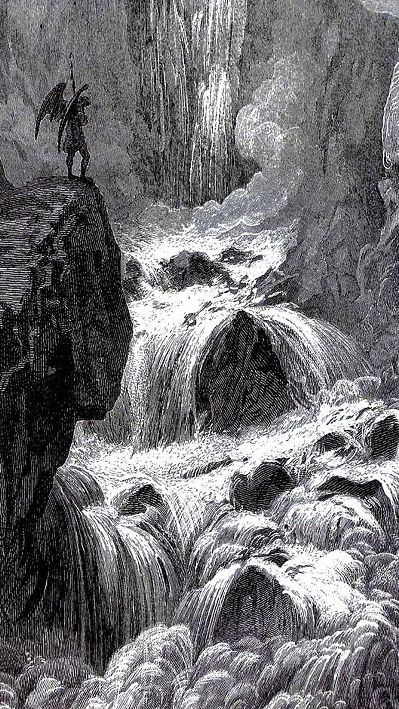 800x1422 BLACKWORK WALL, black, classic art, fall, falls, old, water, waterfall, white, HD phone wallpaper