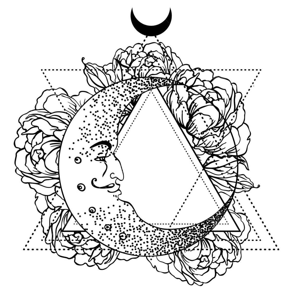1200x1200 Blackwork Tattoo Design With Crescent Moon Peony And Sacred Geometry Vector, Tattoo Drawing, Moon Drawing, Peony Drawing Illustration Background And Wallpaper For Free Download