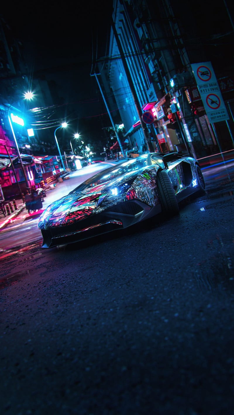 800x1422 Lamborghini, blue, car, citt, cyberpunk, italian, italy, night, pink, HD phone wallpaper