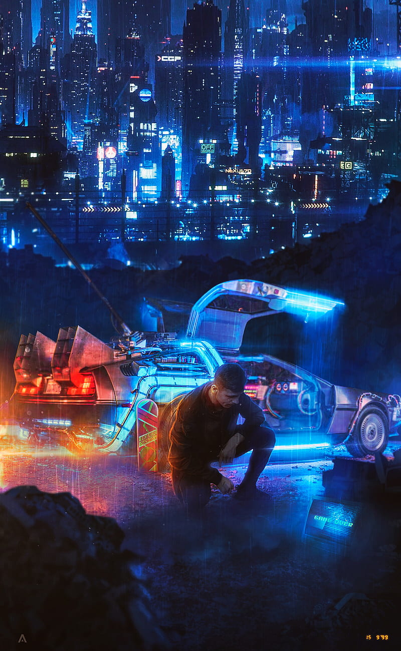 800x1300 Man, car, city, neon, cyberpunk, HD phone wallpaper