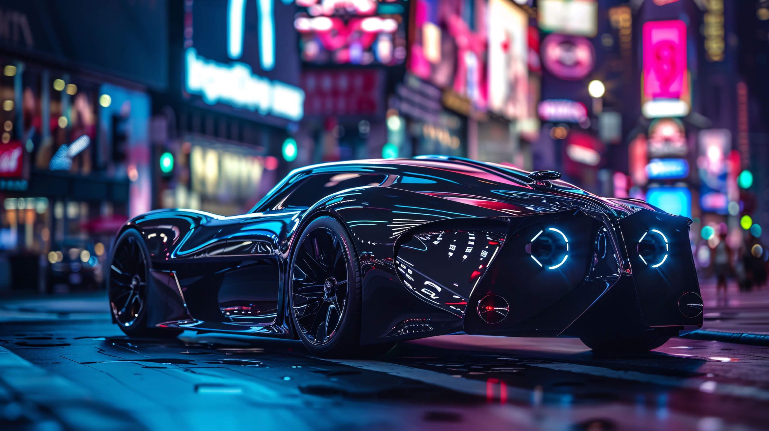 2676x1500 Car Mural Wallpaper. Cyberpunk Luxury Vehicle in Neon City