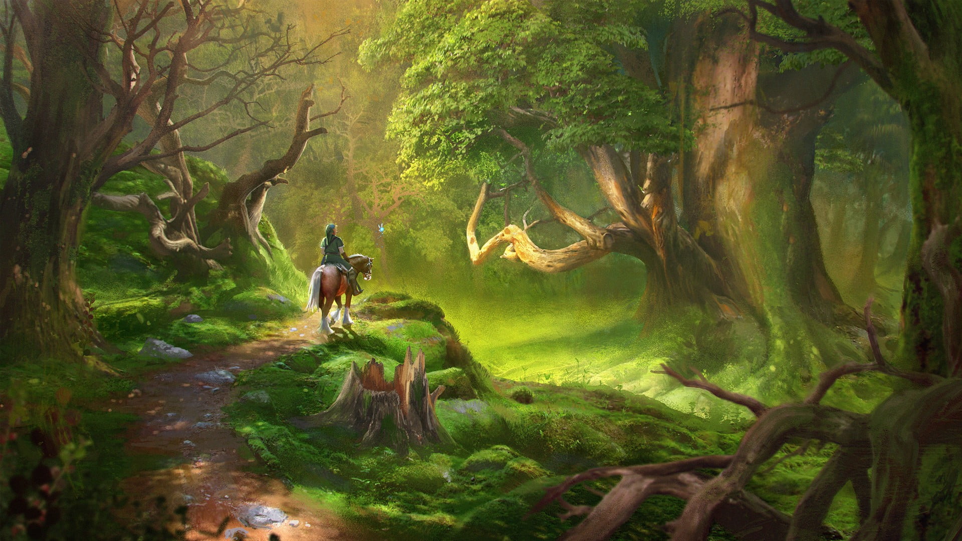 1920x1080 Person horse back riding illustration, video games, The Legend of Zelda, Link, forest HD wallpaper