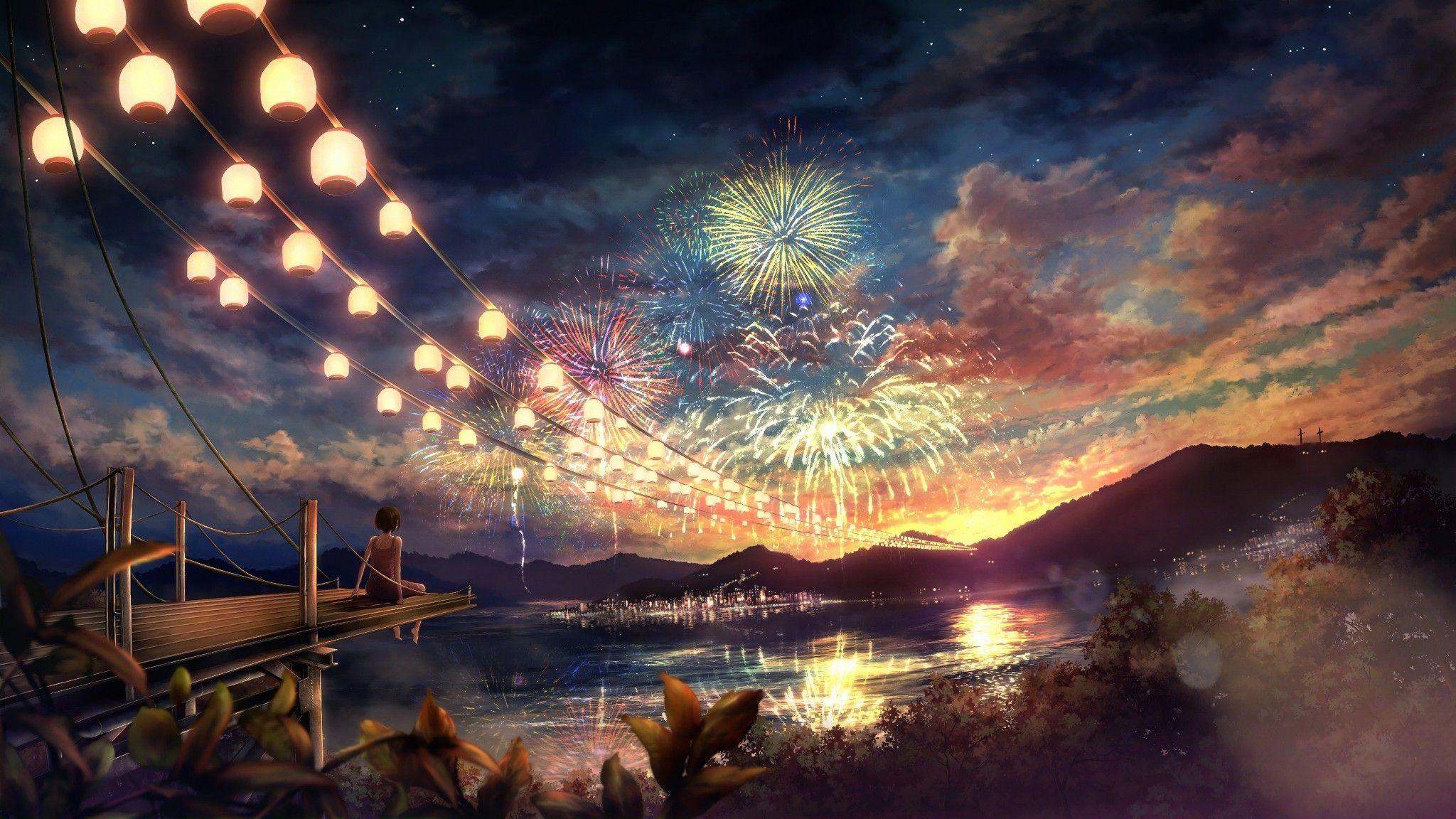 2048x1152 Anime Fireworks Festival Scenery Lanterns 4K. Anime scenery