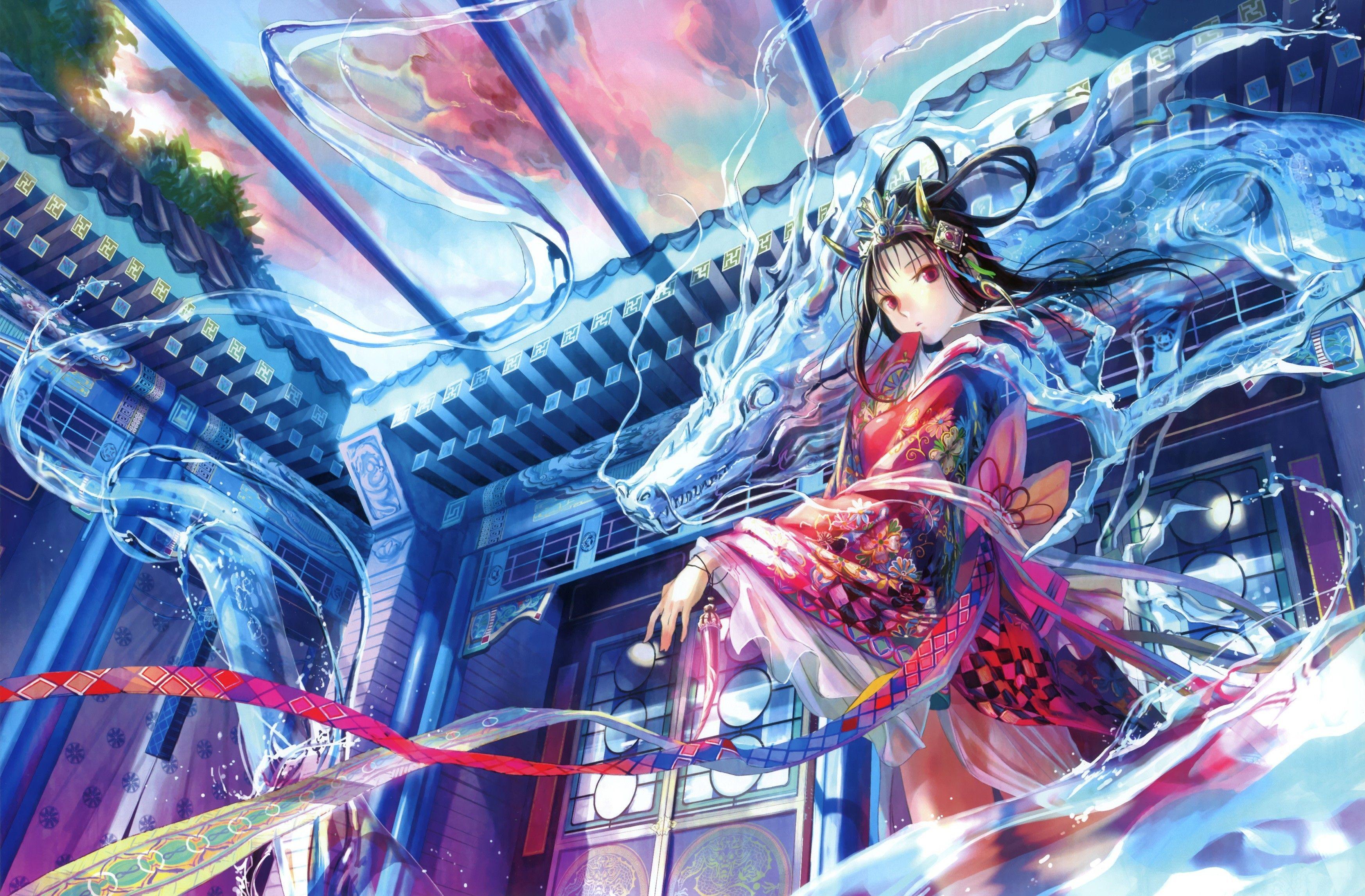 3490x2291 #hair ornament, #miko, #forest, #fantasy girl, #black hair, #lotus flowers, #Asian architecture, #tiaras, #sunlight, #kimono, #original characters, #long hair, #anime girls, #torii, #Fuji Choko, #oriental, #Japanese clothes, #landscape, #stairs