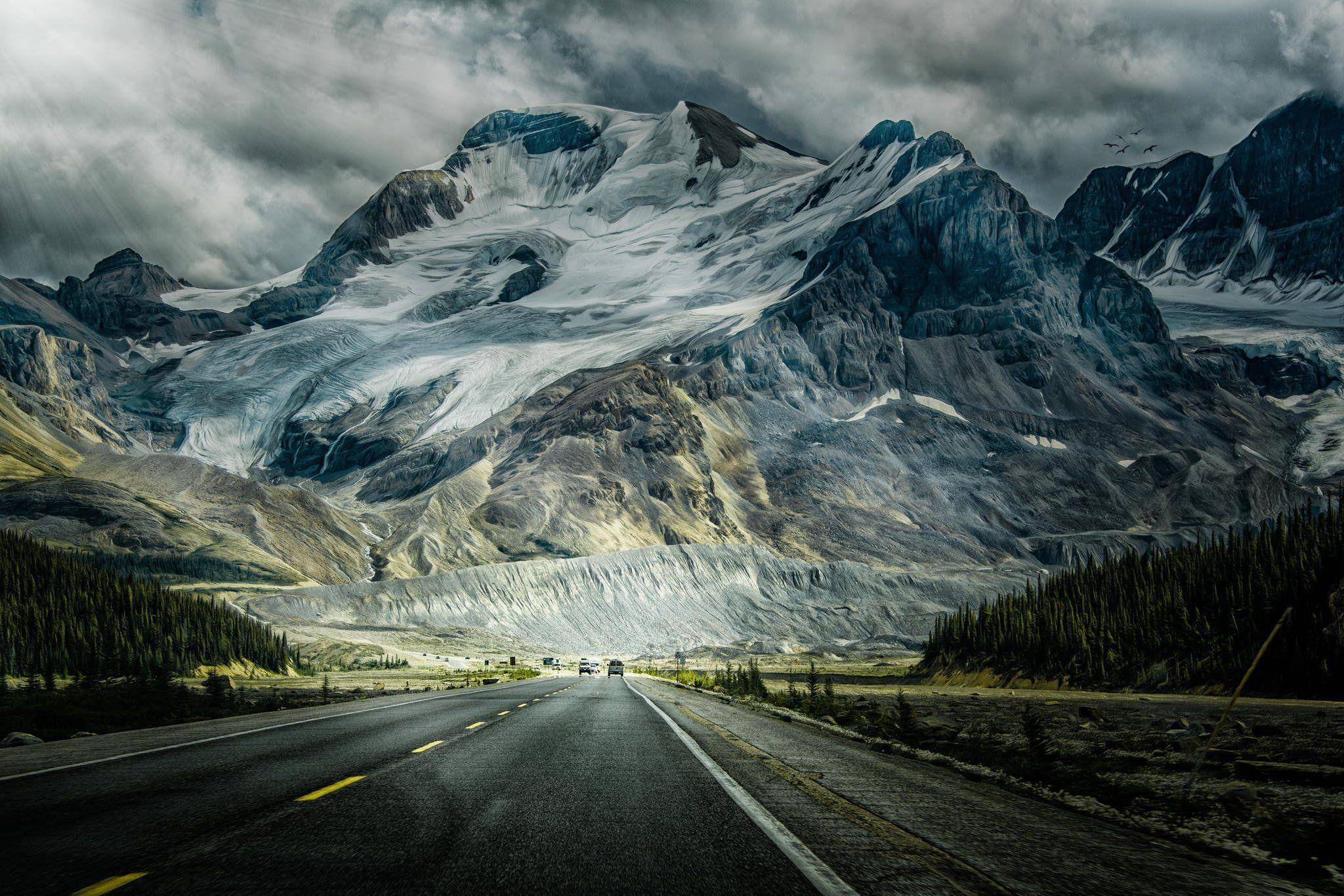 2048x1367 Photo drawing processing Mountains road machinery snow forest