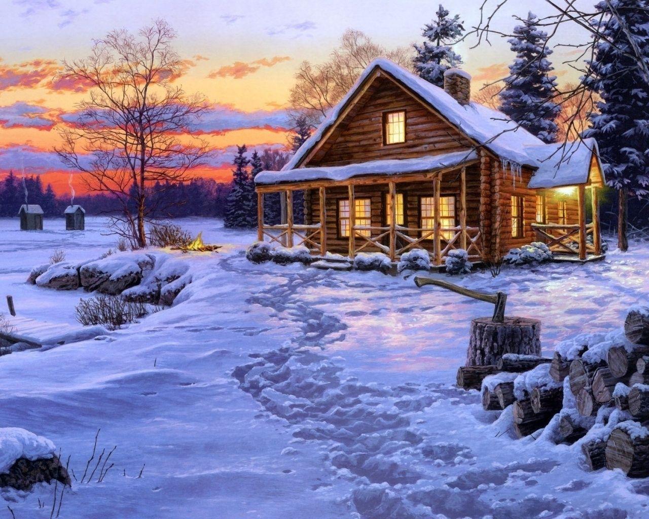 1280x1024 Forest Cabin Log Pile Snowy wallpaper. Forest Cabin Log Pile
